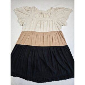 Umgee Color Block Dress S Linen Blend Short Sleeve Boho Cottage Core